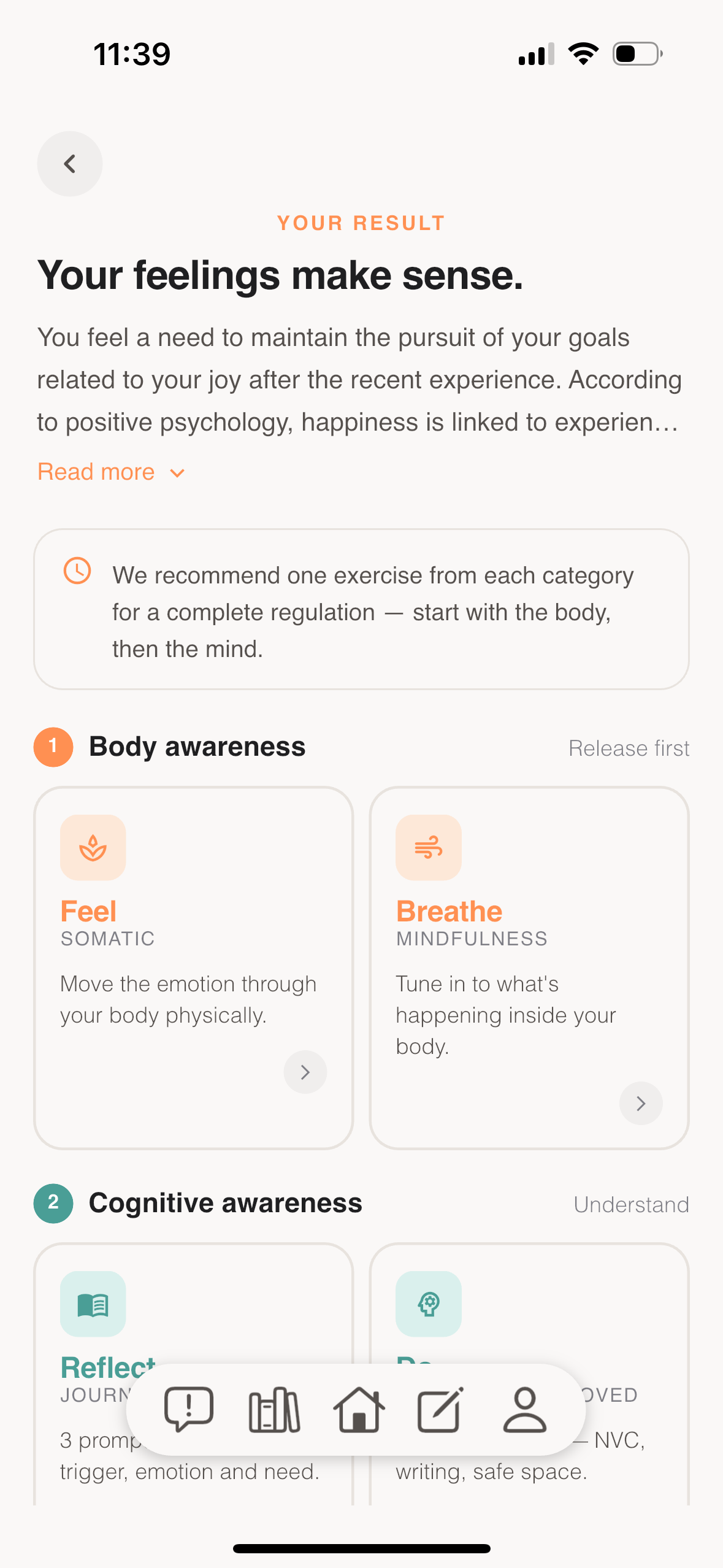 Ahfy student app showing a personalised regulation result with recommended body and cognitive awareness exercises